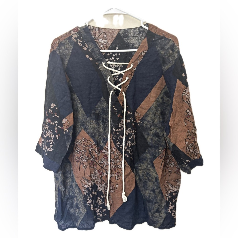 Boho Lace Up Blouse Patchwork Floral Cotton Linen Top Relaxed Fit Women’s